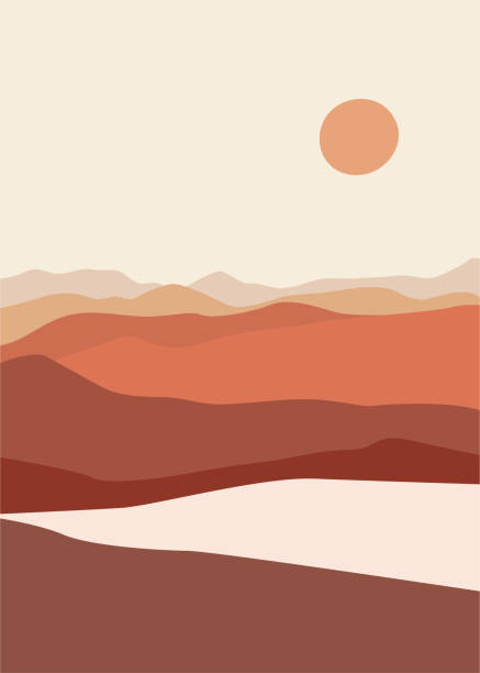 istock Abstract landscape illustration. Mountains, sun, moon, sunset, desert, hills minimalist design. Trendy mid century art, boho home decor, wall art.