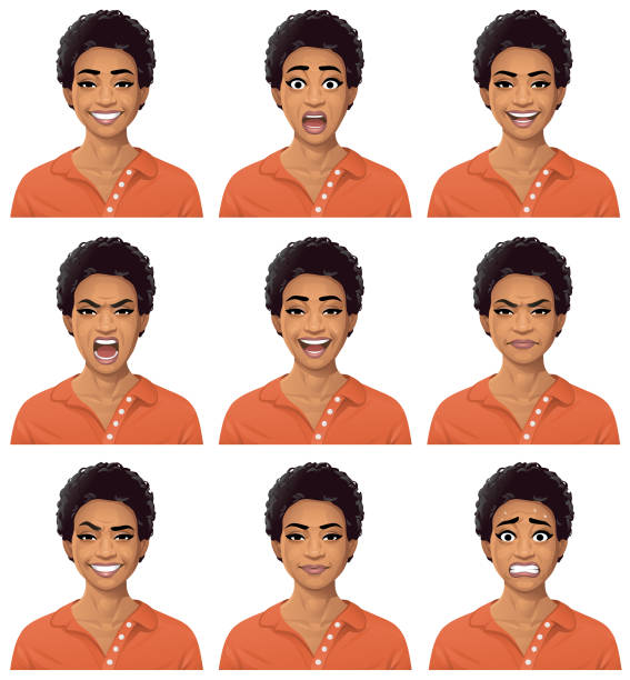 Young African American Woman Portrait - Emotions Vector illustration of a young african american woman with nine different facial expressions: smiling, surprised, talking, furious/shouting, laughing, angry, smirking, neutral and anxious. Portraits perfectly match each other and can be easily used for facial animation. part of a series stock illustrations