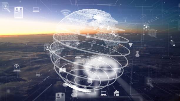 istock Network of connection modernization over clouds in the sky 1302930238