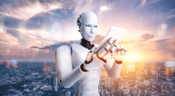 istock Robot humanoid use mobile phone or tablet for global network connection 1302931344