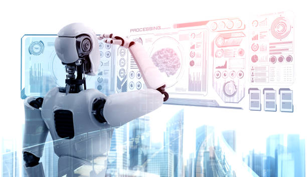istock Humanoid AI robot looking at hologram screen showing concept of big data 1302931489