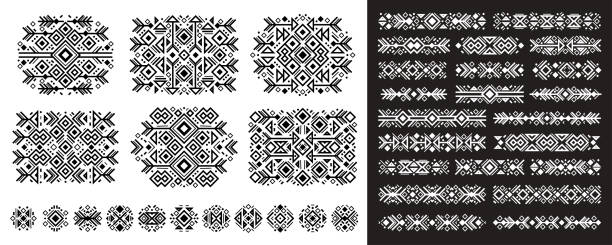 Navajo elements set in boho style on white and bla Navajo elements set in boho style on white and black. Abstract Aztec elements. National tribal pattern. Logo, symbol and background. inca stock illustrations