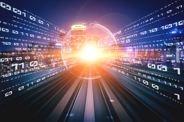 istock Digital data flow on road with motion blur to create vision of fast speed transfer 1302933126