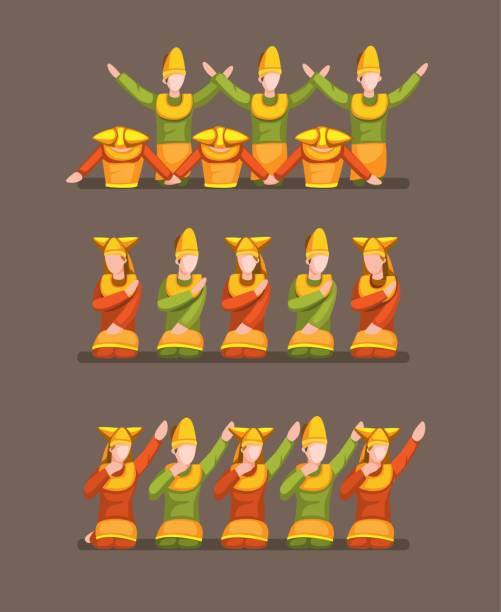 Indang Dance is a traditional Minangkabau Islamic dance originating from West Sumatra, Indonesia. move pose symbol concept in cartoon illustration vector Indang Dance is a traditional Minangkabau Islamic dance originating from West Sumatra, Indonesia. move pose symbol concept in cartoon illustration vector cartoon of muslim costume stock illustrations
