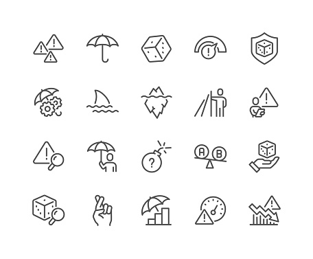 Simple Set of Risk Management Related Vector Line Icons. 
Contains such concept Icons as Threat Analysis, Warnings, Risk Assessment and more. Editable Stroke. 48x48 Pixel Perfect.