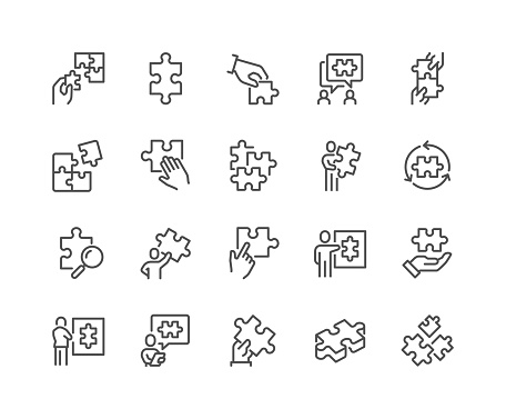 Simple Set of Puzzle Related Vector Line Icons. 
Contains such Icons as Thinking Man, Problem Discussion, Puzzle Pieces and more. Editable Stroke. 48x48 Pixel Perfect.
