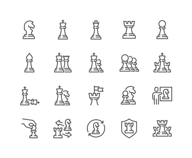 ilustraciones, imágenes clip art, dibujos animados e iconos de stock de iconos del ajedrez de línea - juego de ajedrez