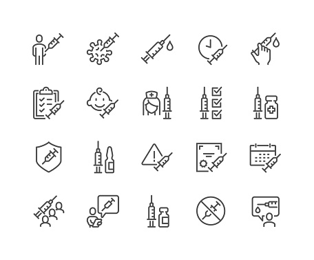 Simple Set of Vaccine Related Vector Line Icons. 
Contains such Icons as Warning, Medical Syringe, Quality Certificate and more. Editable Stroke. 48x48 Pixel Perfect.