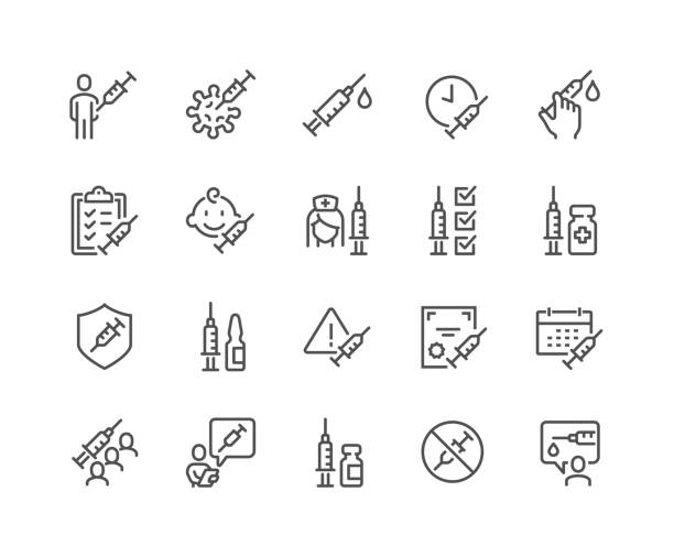 Line Vaccine Icons Simple Set of Vaccine Related Vector Line Icons. 
Contains such Icons as Warning, Medical Syringe, Quality Certificate and more. Editable Stroke. 48x48 Pixel Perfect. dose stock illustrations