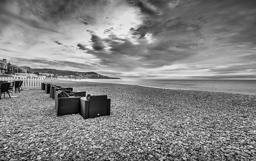 Cafe on the beach in Nice, France B&W