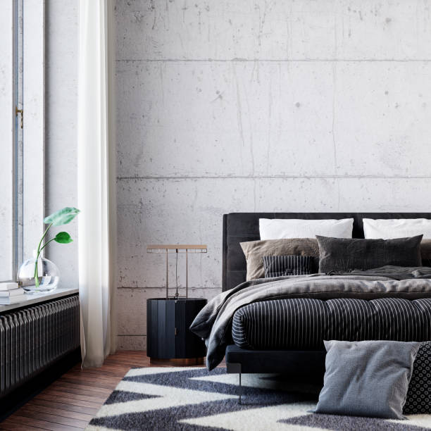 istock Modern industrial bedroom interior design with white concrete wall 1302936078