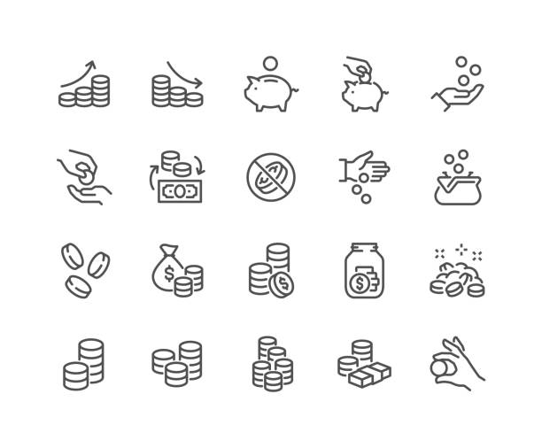 ilustraciones, imágenes clip art, dibujos animados e iconos de stock de iconos de monedas de línea - símbolos