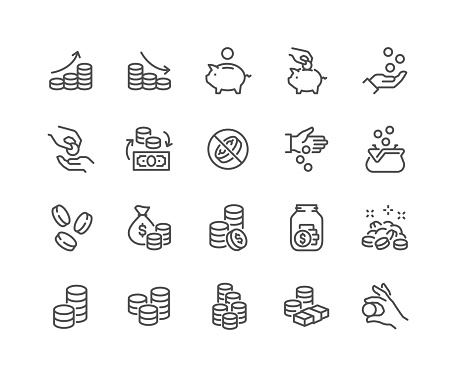 Simple Set of Coins Related Vector Line Icons. 
Contains such Icons as Coins Stack and Donation, Tips Jar and more. Editable Stroke. 48x48 Pixel Perfect.