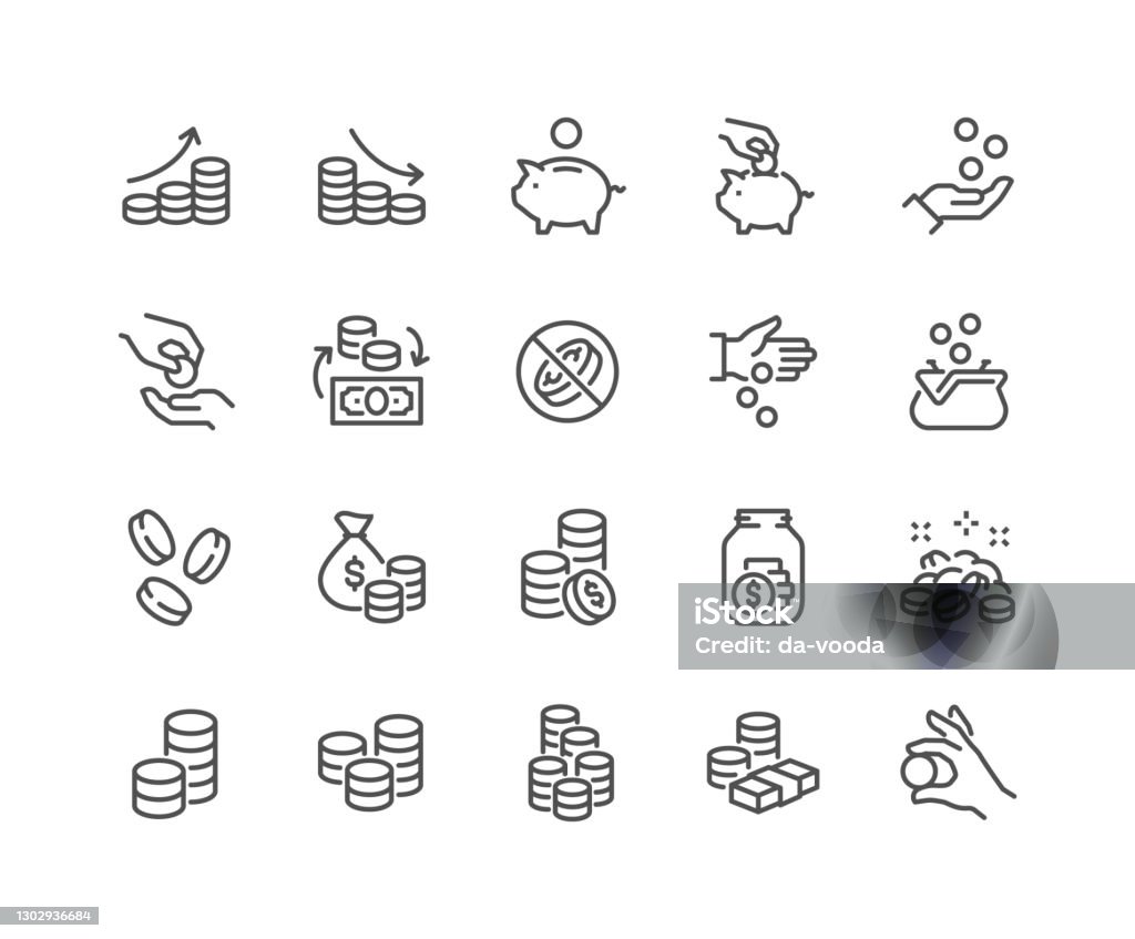 Line Coins Icons Simple Set of Coins Related Vector Line Icons. 
Contains such Icons as Coins Stack and Donation, Tips Jar and more. Editable Stroke. 48x48 Pixel Perfect. Icon stock vector