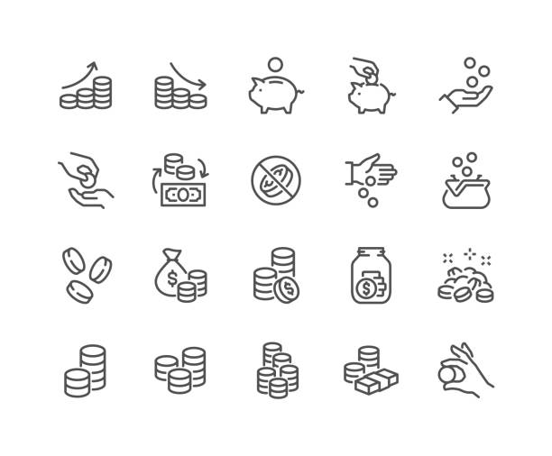 Line Coins Icons Simple Set of Coins Related Vector Line Icons.
Contains such Icons as Coins Stack and Donation, Tips Jar and more. Editable Stroke. 48x48 Pixel Perfect. savings stock illustrations