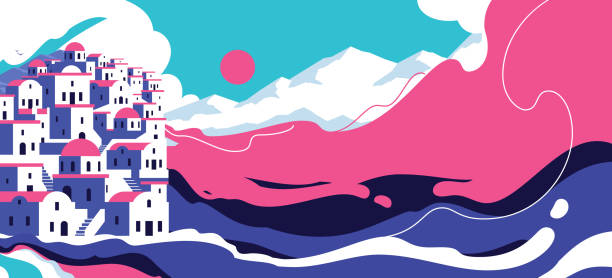 Beautiful landscape of scenic village on edge of island in the middle of the sea in blue and pink. Horizontal poster or website banner Beautiful landscape of scenic village on edge of island in the middle of the sea in blue and pink. Vector illustration for horizontal poster or website banner santorini stock illustrations