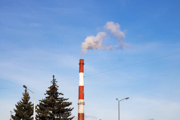 istock Industrial chimney with smoke and treetops against blue sky 1302937875