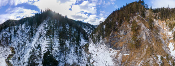 aerial drone flight panoramic view of the oetschergraeben in austria in winter