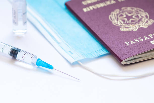 istock Syringe with needle, vial, surgical face mask and passport or visa 1302940618
