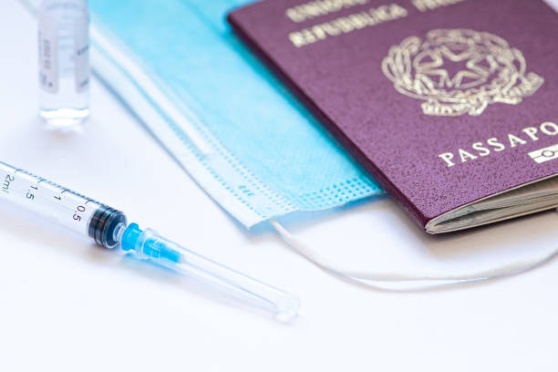istock Syringe with needle, vial, surgical face mask and passport or visa 1302940621
