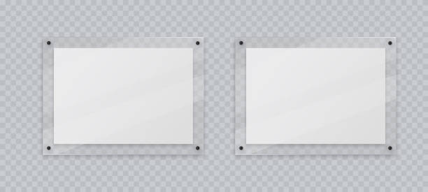 丙烯酸框架模型，兩個水準玻璃板為海報的照片，逼真的模型孤立地掛在透明的牆上。有機玻璃顯示幕上的白色空白橫幅，3d向量插圖。 - 3d wall panel 幅插畫檔、美工圖案、卡通及圖標