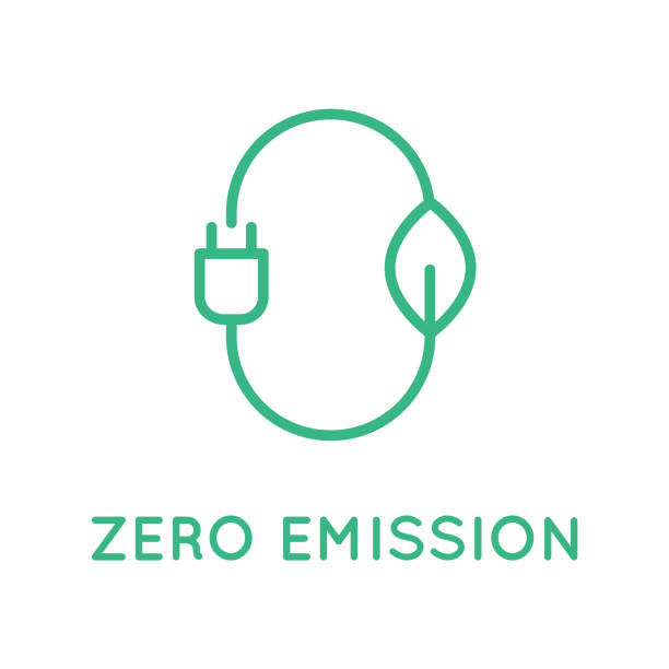 Zero emission sign, logo, symbol. Stylized number zero with a leaf and a plug. Sustainable industry and transportation. CO2 neutral concept. Clean energy. Vector illustration, line icon, flat,clip art zero emission vehicle stock illustrations