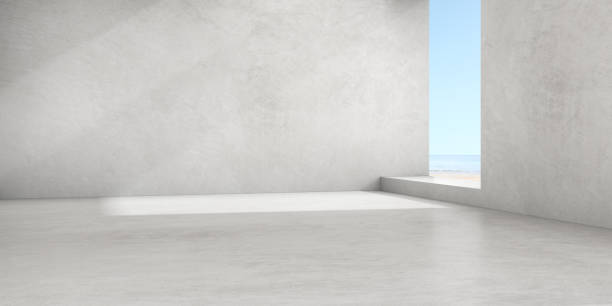 istock 3d render of empty concrete room with large window on the sea background. 1302941933