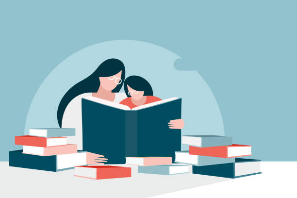 matka pomaga córce uczyć się od wielu dużych książek - women leading guidance student stock illustrations