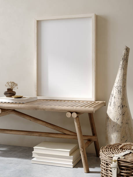 istock Mock up frame in home interior background, nomadic living room with bench and decor 1302944054