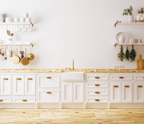 Wall mockup in kitchen interior background, Farmhouse style