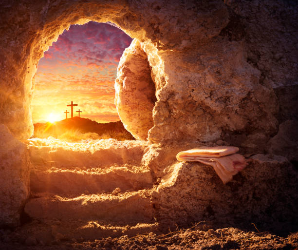 Empty Tomb With Crucifixion At Sunrise - Resurrection Concept Empty Tomb With Shroud And Crucifixion At Sunrise - Risen Resurrection empty tomb jesus stock pictures, royalty-free photos & images