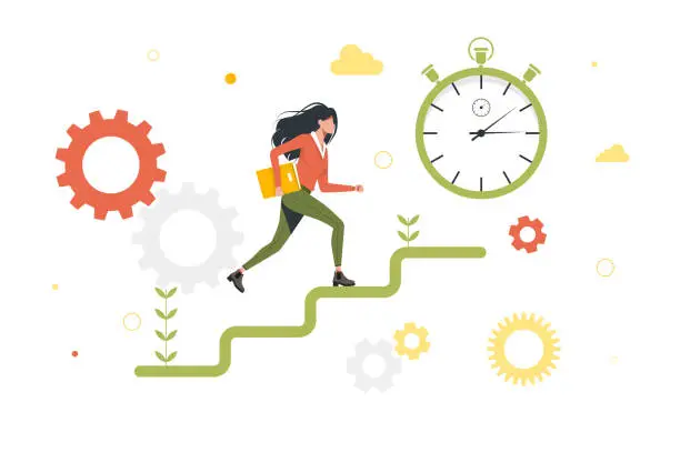 Vector illustration of business woman running up the career ladder. Career development banner. Concept of self build career, personal growth, professional progress. Get the job done. Stopwatch. Vector illustration