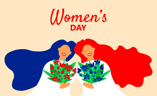 Happy womens day. 8 March. International Womens Day. Poster in flat style with two beautiful girls with bouquet of flowers in their hands. Flat vector illustration for postcard, banner, app. Eps 10 Happy womens day. 8 March. International Womens Day. Poster in flat style with two beautiful girls with bouquet of flowers in their hands. Flat vector illustration for postcard, banner, app. happy sibling day stock illustrations