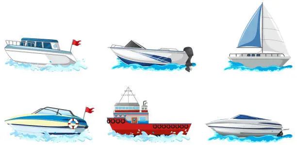 Vector illustration of Set of different kind of boats and ship isolated on white background