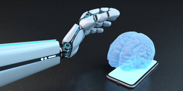 humanoid robot hand smarthone human brain - nerve cell brain engineering cell imagens e fotografias de stock