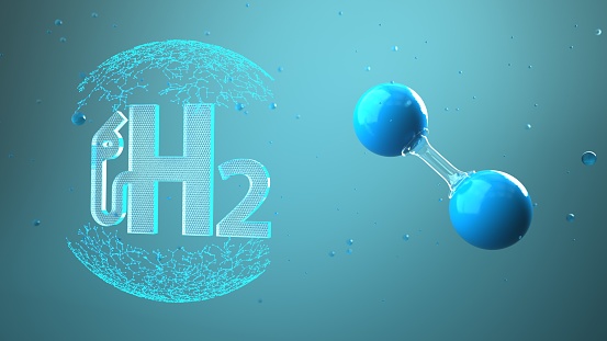 H2 gas pump symbol with hydrogen molecule in the liquid. 3d illustration.