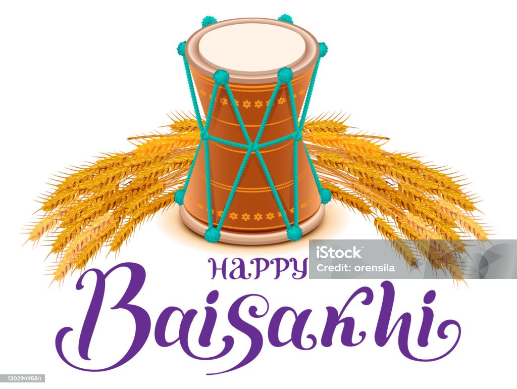 Happy Baisakhi Indian Harvest Festival Drum And Ears Of Corn Rice ...
