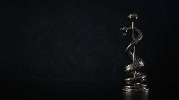 A statue with the snake on the staff of Asclepius. 3d illustration.