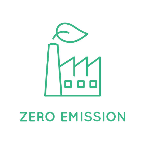 null-emissions-fabrik. industriegebäude schornstein mit grünem blatt. - factory pollution smoke smog stock-grafiken, -clipart, -cartoons und -symbole