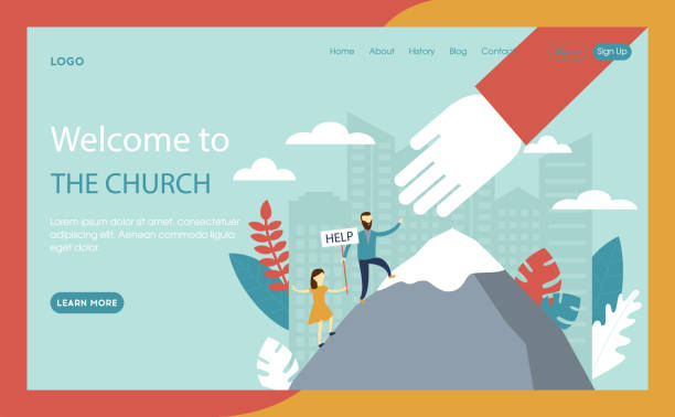 ilustrações de stock, clip art, desenhos animados e ícones de webpage vector illustration in flat cartoon style. website interface composition with blue background, text and buttons. characters climbing mountain for help, huge hand. church and religion concept - church greeting welcome sign sign