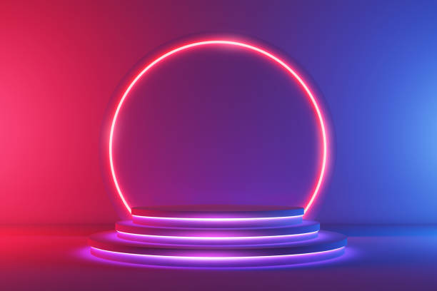 istock Futuristic empty round pedestal or podium with neon light. Colorful minimal concept design. Abstract modern art illustration for presentation template. Bright 3d render. 1302952037