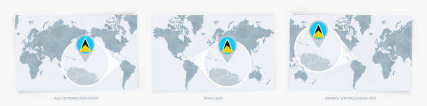Three Versions Of The World Map With The Enlarged Map Of Saint Lucia Three Versions Of The World Map With The Enlarged Map Of Saint Lucia With Flag 