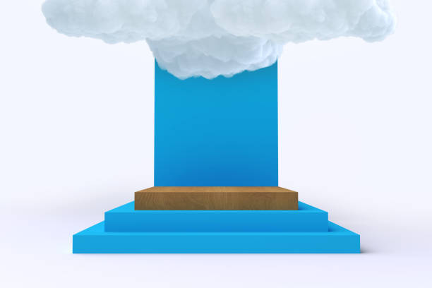 istock Square empty blue pedestal or podium with white cloud. Colorful minimal concept design. Abstract modern art illustration for presentation template. 3d rendering. 1302952148