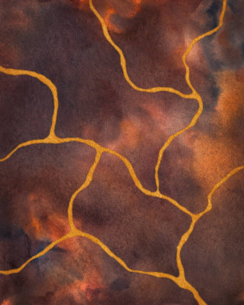 自然色の近畿芸術の背景。赤茶色の色合いのテラコッタ、黄金の亀裂 - orange wall textured paint ストックフォトと画像