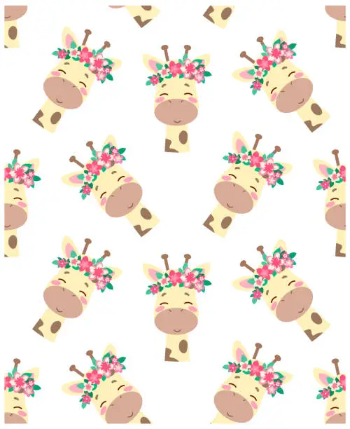 Vector illustration of Seamless vector wallpaper for babies. Pattern with giraffes in flower wreaths, isolated on white background. Cute cartoon characters in spring. The press on diapers for children, clothes.