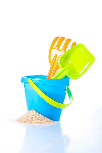 istock Sand bucket with a sand pail and shovel isolated on white 1302956518