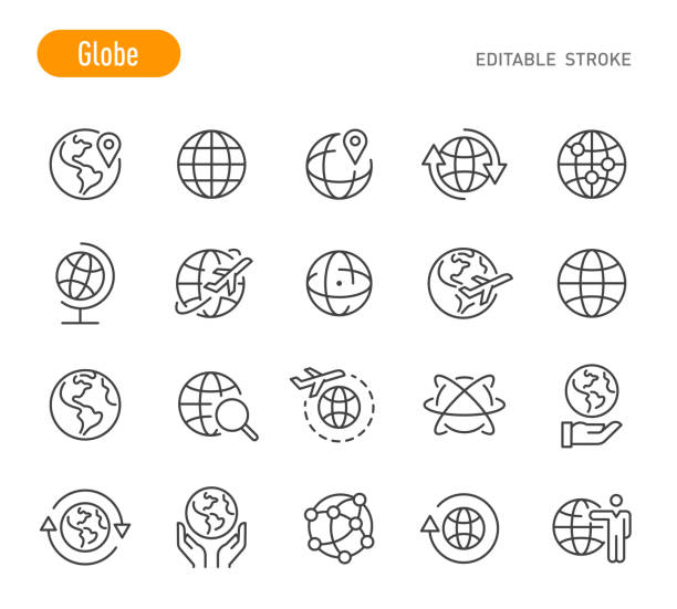 küre simgeleri seti - çizgi serisi - düzenlenebilir kontur - küre stock illustrations