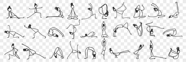 illustrations, cliparts, dessins animés et icônes de pratique du yoga et pilates ensemble de doodle - stretching exercising gym silhouette