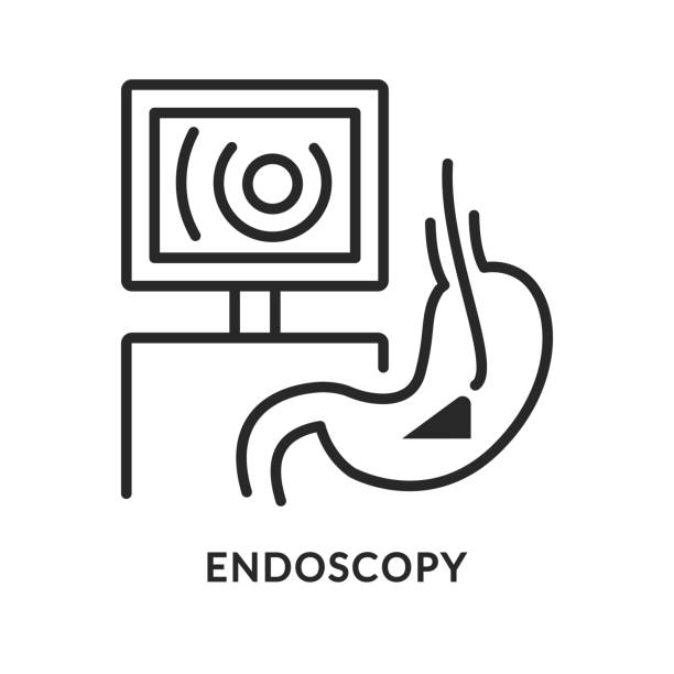 endoscopy-flachliniensymbol. vektorillustration medizinische untersuchung des verdauungssystems - endoskop stock-grafiken, -clipart, -cartoons und -symbole