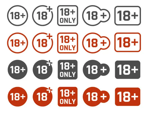 Vector illustration of 18 plus years old icon set, adults content signs